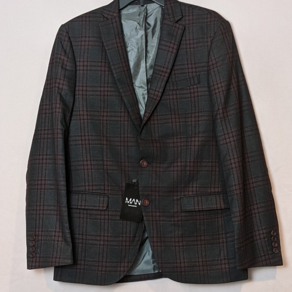 Boohoo Man Bold Check Gray and Red Skinny Fit Suit Jacket size 40